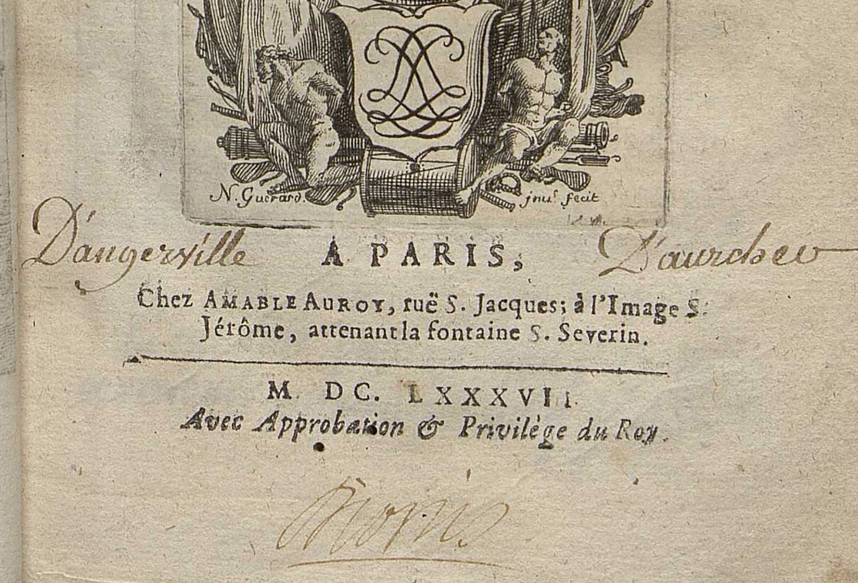 Fig. 2. Signature de Thomas d’Angerville d’Auvrecher sur la page de garde.