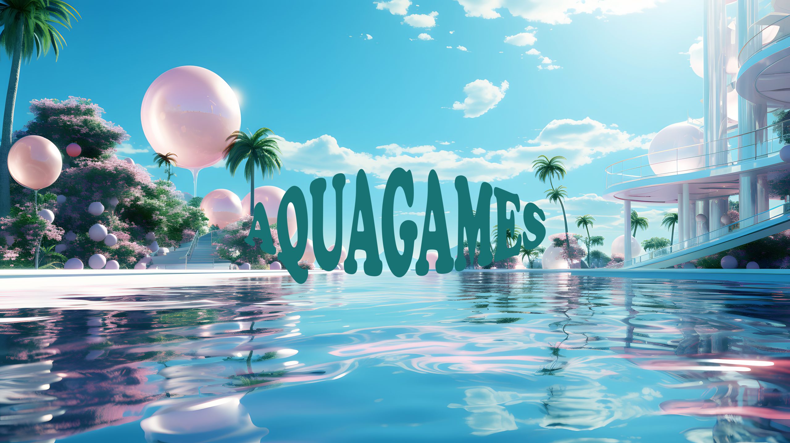3d render of pink pool with palm trees in the background.Futuris
